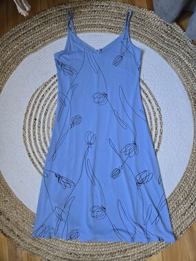 Vintage 90s Blue Slip Dress Black Line Floral Print Modern Minimalist Vacation